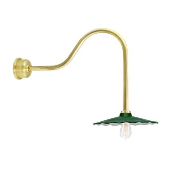 12" Fluted Shade, 307-Emerald Green, G24 Gooseneck Arm, 997-Natural Raw Brass, Decorative Backing Plate & Hex Cover, Nostalgic Edison-Style 1910 Era 40 Watt Light Bulb